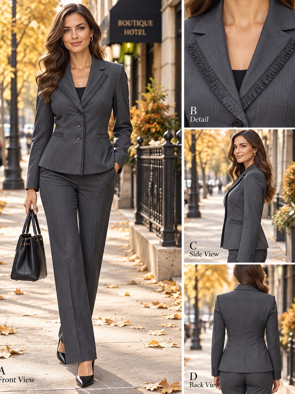 Tahari Size 8 Charcoal Pinstripe Wool Blazer Fringe Trim 3 Button